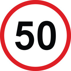 Red circle speed limit sign with number 50 in black fifty