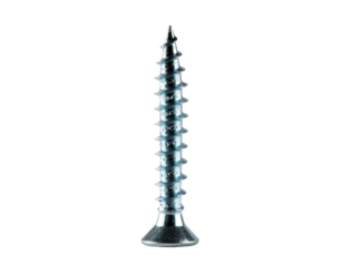 Shiny, metallic wood screw with sharp tip and defined threads against black backdrop