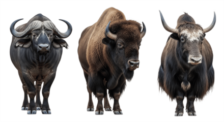 Set of Three Powerful Large Mammals – Buffalo, Bison, and Yak Isolated on White Background – Majestic Herbivores from Grasslands and Mountains Showcasing Strength, Wild Nature, and Cultural Significan