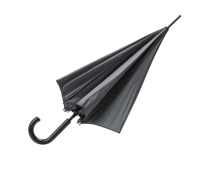 Obraz premium A closed black umbrella with a curved handle, showcasing its sleek design and fabric texture.