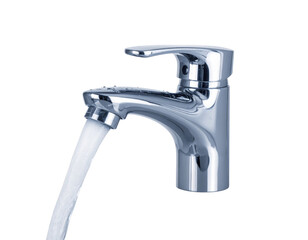 A shiny chrome faucet with flowing water, showcasing its sleek design and functionality.