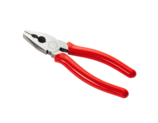 A pair of pliers with red handles and metallic jaws, designed for gripping, twisting, and cutting various materials.