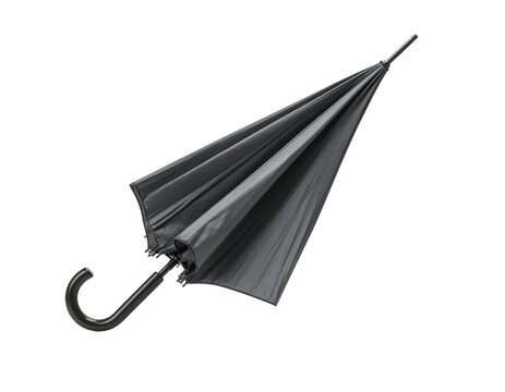A closed black umbrella with a curved handle, showcasing its sleek design and fabric texture.