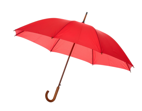 A vibrant red umbrella with a wooden handle, showcasing its unique design and texture.