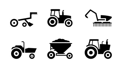 Collection of stylized black farm tractor and machinery icons on white background.