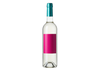 Isolated bottle of chilled white wine with a vibrant pink label in eye-level studio shot