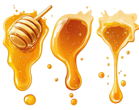 Drips and blobs of golden honey with a wooden dipper