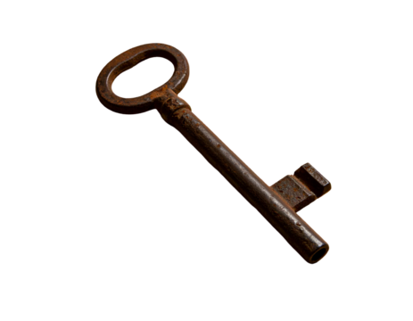 Aged, rusty skeleton key against a black background, with visible wear and patina