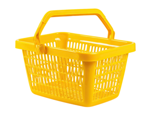 Bright yellow, rectangular, plastic shopping basket with a handle and open lattice design