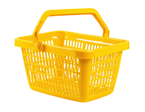 Bright yellow, rectangular, plastic shopping basket with a handle and open lattice design