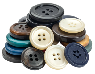 A close-up of a pile of various colored round buttons with holes