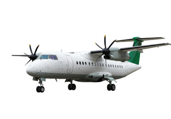 Isolated airplane, a white twin turboprop aircraft with green tail and landing gear down