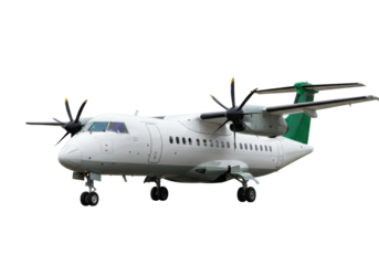 Isolated airplane, a white twin turboprop aircraft with green tail and landing gear down