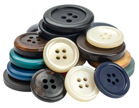 A close-up of a pile of various colored round buttons with holes