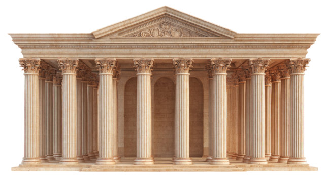 Tan Doric style facade featuring five tall stone columns and a partially visible triangular pediment on white background