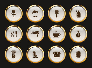 barber shop gold rimmed vector icons. haircut saloon icon set for web, mobile apps, ui design and print