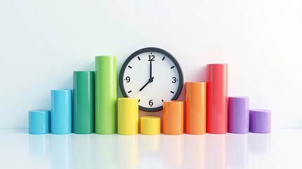 A creative concept of time and data, a large analog clock with black numbers and hands is overlaid on colorful 3D bar graphs.