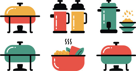 Colorful collection of food service equipment and serving dishes for catering.