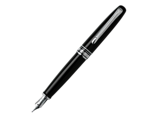 Black fountain pen with silver accents, angled view