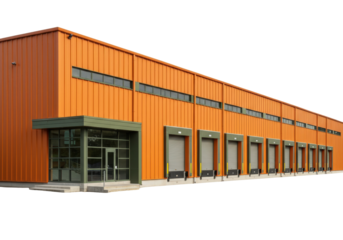 Isolated Industrial Building, exterior view of orange warehouse with loading docks, commercial architecture