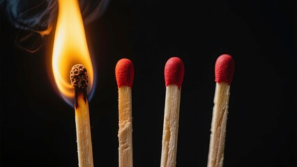 First matchstick on the left is burning with a bright yellow-orange flame, while the other four matchsticks remain unlit with red tips