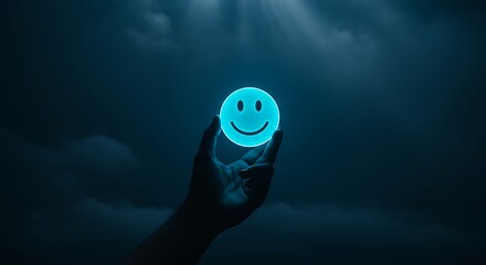 Hand holding glowing smiley face orb in dark, cloudy sky creating ethereal and hopeful atmosphere with a symbol of positivity and light, representing hope and optimism.
