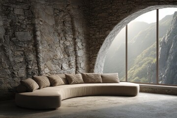 Curved sofa in a rustic cave with a stunning mountain view.