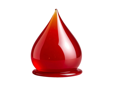 Gleaming, realistic drop of red fluid with highlights, set against a dark background