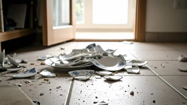Broken porcelain dishes scattered on floor after natural disaster or earthquake. House damaged by debris, broken home items footage.