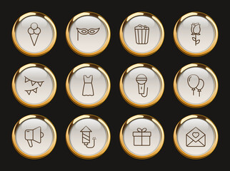 party gold rimmed vector icons. party celebration icon set for web and ui design, mobile apps and print polygraphy and promo advertising business