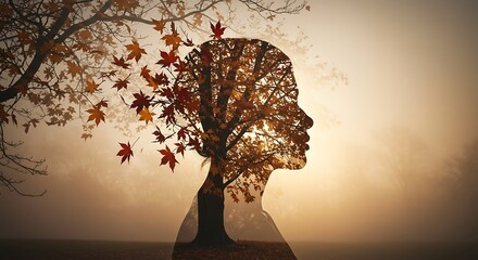 Woman's silhouette merges with autumn tree in ethereal landscape, symbolizing inner peace and the beauty of nature's transition during fall season.