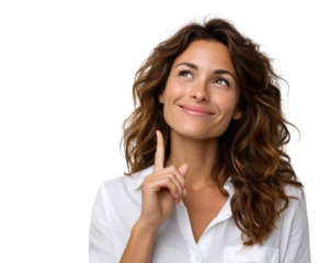 Confident businesswoman pointing upward, smiling, thoughtful idea, isolated transparent Background