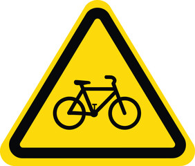 Yellow triangle warning sign with black bicycle silhouette bike