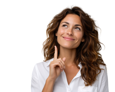 Confident businesswoman pointing upward, smiling, thoughtful idea, isolated transparent Background