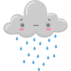 Sad Gray Cloud Raining Blue Water Droplets With Blushing Cheeks And Simple Face On Transparent Background