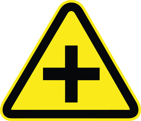 Yellow triangle warning sign with black cross symbol vector