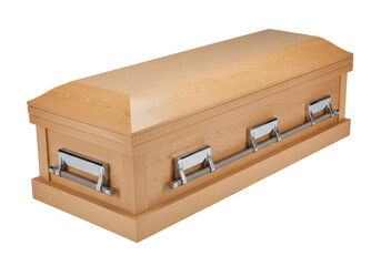 Isolated Casket with Wooden Finish and Silver Handles Ready for Burial Funeral Service