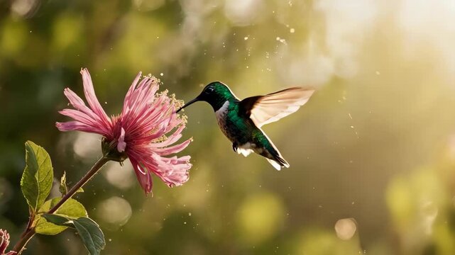 A hummingbird drinking nectar from a pink flower in a sunny, bokeh-filled garden