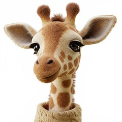 Charming 3D animated giraffe character wearing a warm knitted sweater, smiling sweetly with large expressive eyes on white background.