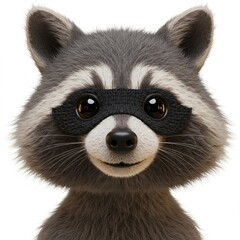 Adorable 3D raccoon character with big shiny eyes and a textured black mask, smiling sweetly on a white background.