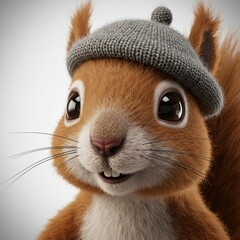 Adorable cartoon squirrel with fluffy fur and big eyes, wearing a cozy gray knitted beanie, smiling cheerfully in soft lighting.