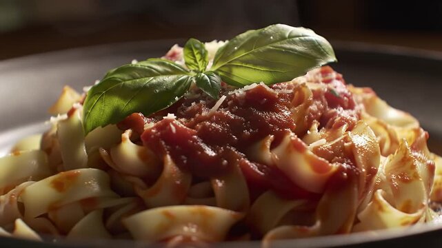 Fresh Tagliatelle Pasta with San Marzano Tomato Sauce, Basil, Parmesan in Cozy Italian Trattoria Warmth