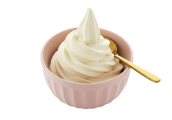 Isolated vanilla soft serve ice cream dessert in bowl with golden spoon is delicious treat