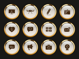 blog gold rimmed vector icons. blogger icon set for web, mobile apps, ui design and promo advertising business