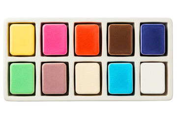 Watercolor paint set with ten different colored square pans isolated on transparent background