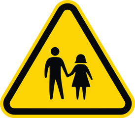Yellow triangle warning sign with black silhouettes of adult and child holding hands vector