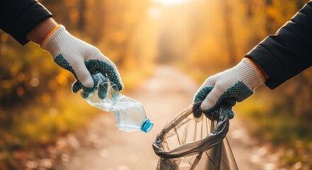 Person picking up plastic bottle during cleanup