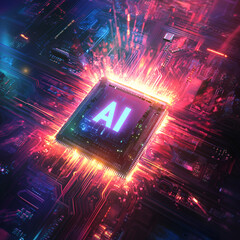 AI chip glowing, AI Chip Technology, Future of AI Processing, Artificial Intelligence Chi, AI Power Circuit, Glowing AI Microchip, Futuristic AI Technology, AI Tech Revolution