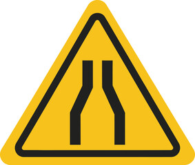Yellow triangular road sign showing a narrowing road ahead warning traffic