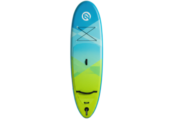 Vibrant inflatable SUP with gradient design, geometric patterns, black cords, on transparent background with copy space, Concept of summer water sports